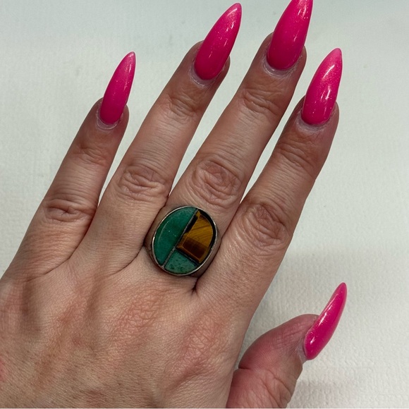 Vintage 1948-1979 Taxco Sterling Silver, Adventurine, Tigers Eye ring - 9 1/2 - Picture 6 of 6